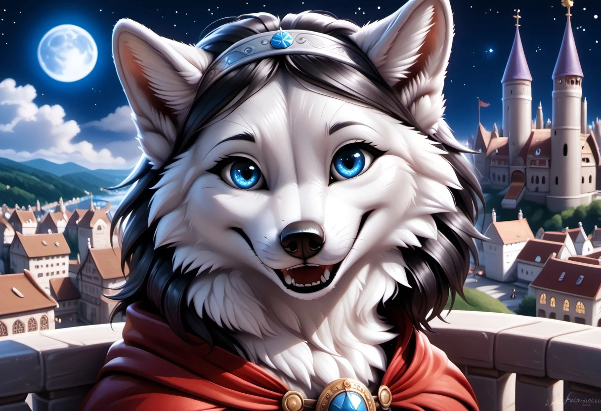 realistic, highres, super high resolution, 8k, photo, anthro, furry, furry, anthro, fur, tail, detailed fur, detailed, anthro, F.M PDXL, whtfx, soft body fur, rostran style, anthro, female wolf, tufted fur, tufted ears, cheast tuft, fluffy canine tail, detailed fur, open smile, long black hair, canine teeth, medieval castle, jewely, white fur, blue eyes, balcony, overview, medieval city, sea, medieval ship, silver hairband, silver royal armor, solo, red cape, summer, night, full moon, stars,