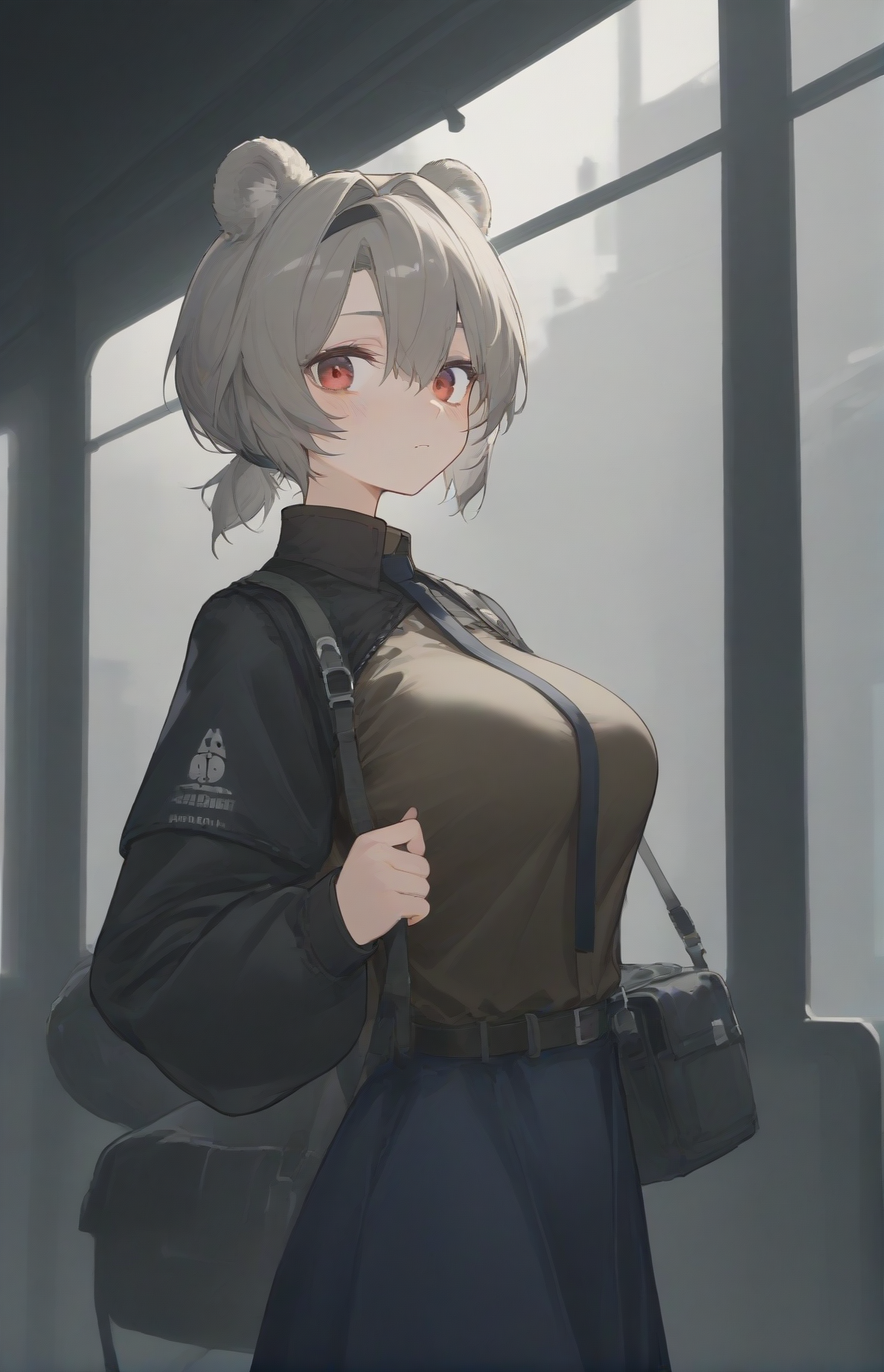 score_9,score_8_up,score_7_up,1girl,solo,light_blush,
<lora:Abstinthe-Pony-07:0.8>,
abstinthe-base,animal ears,bear ears,red eyes,short hair,brown hair,grey hair,bear girl,hair between eyes,short ponytail,large breasts,
bag,black necktie,brown shirt,black jacket,black pantyhose,blue skirt,grey hair,jacket,long sleeves,miniskirt,shoes,skirt,sneakers,
looking at viewer,train station,from side,close-up,