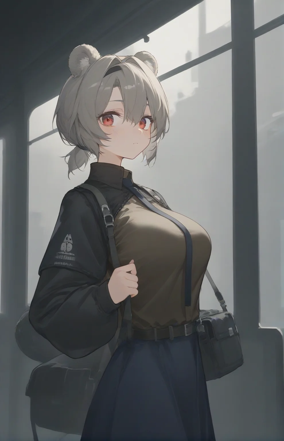 score_9,score_8_up,score_7_up,1girl,solo,light_blush,
<lora:Abstinthe-Pony-07:0.8>,
abstinthe-base,animal ears,bear ears,red eyes,short hair,brown hair,grey hair,bear girl,hair between eyes,short ponytail,large breasts,
bag,black necktie,brown shirt,black jacket,black pantyhose,blue skirt,grey hair,jacket,long sleeves,miniskirt,shoes,skirt,sneakers,
looking at viewer,train station,from side,close-up,