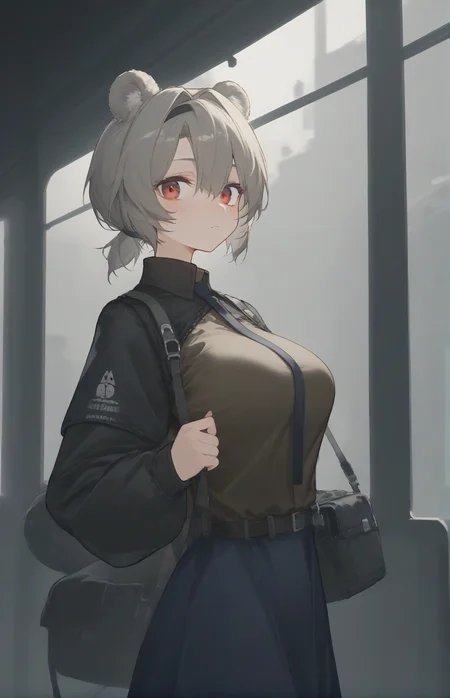 score_9,score_8_up,score_7_up,1girl,solo,light_blush,
<lora:Abstinthe-Pony-07:0.8>,
abstinthe-base,animal ears,bear ears,red eyes,short hair,brown hair,grey hair,bear girl,hair between eyes,short ponytail,large breasts,
bag,black necktie,brown shirt,black jacket,black pantyhose,blue skirt,grey hair,jacket,long sleeves,miniskirt,shoes,skirt,sneakers,
looking at viewer,train station,from side,close-up,