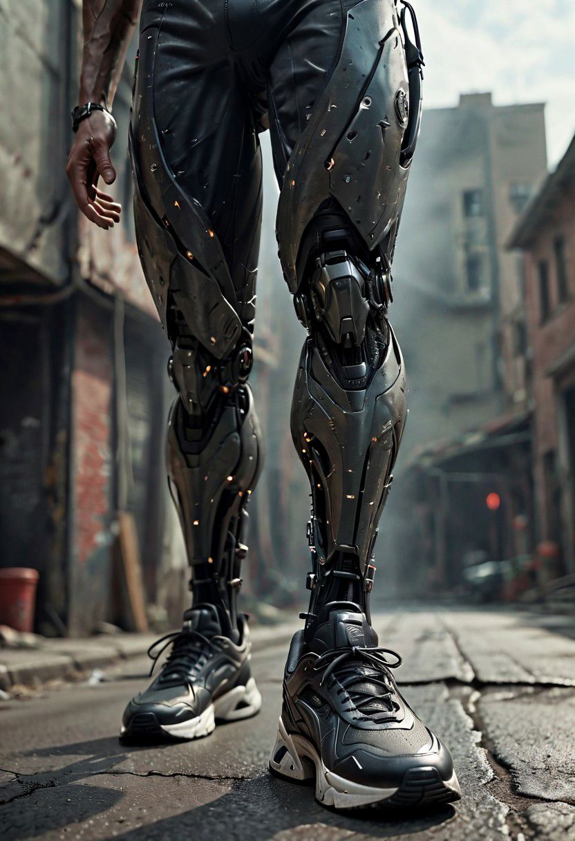 Super Closeup, a detailed running Cyborg Leg in samba retro Sneaker, in Motion, Explore the stark contrast between the ominous, sunset landscape, dystopian backdrop and the vibrant shoes in descent. Running to Edge of Cliff, Dive into the emotions, obstacles, and enigmatic ambiance conveyed by this distinctive scenario. very detailed, raw photo, photorealistic, high detailed texture, 8k uhd, dslr, soft lighting, high quality, film grain, Fujifilm XT3, highly detailed photography, atmospheric haze, Film grain, cinematic film still, shallow depth of field, highly detailed, high budget, cinemascope, moody, epic, OverallDetail, 2000s vintage RAW photo, photorealistic, candid camera, color graded cinematic, eye catchlights, atmospheric lighting, imperfections, natural, shallow dof