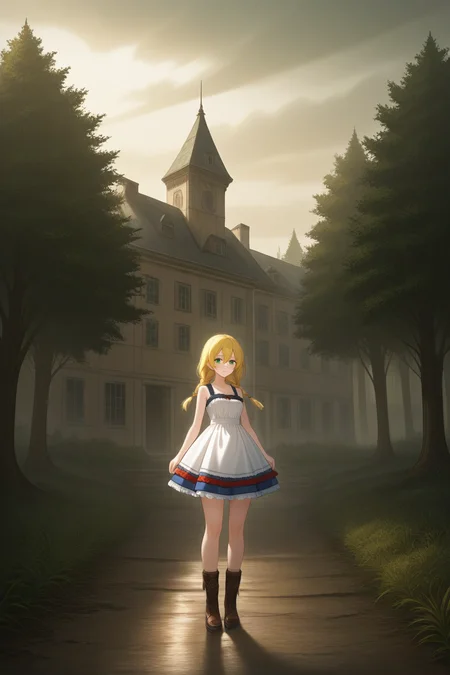 creepy mansion, forest path, fog, overcast sky, victorian architecture, abandoned house, eerie atmosphere, horror background, distant silhouette, suspenseful environment
, masterpiece, best quality, amazing quality, newest,1girl,<lora:witch_viola:1>,Witch_viola,blonde hair,braid,green eyes,twin blaid,long hair,hair between eyes,viola_outfit,dress,sleeveless,bare shoulders,boots,brown footwear,sleeveless dress,white dress,apron,cross-laced footwear,frills,