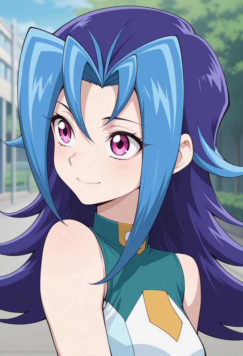 masterpiece,best quality,amazing quality, source_anime,
rioKamishi, 1girl, solo, pink eyes, multicolored hair, purple hair, blue hair, long hair, school uniform, shirt, multicolored shirt, sleeveless, smile, portrait,
outdoor,