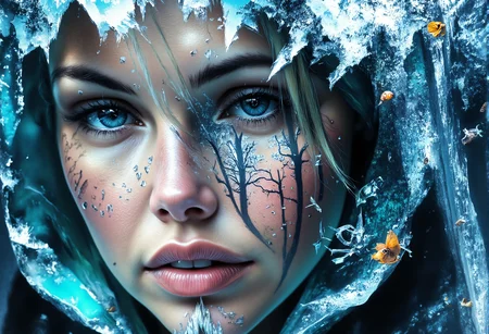 aidmaMJ6.1, darkcore, Jeddblexpsre,double exposure, ethereal. A close-up shot of a breathtaking young womanâs face, where her facial features are softly blended with an ethereal overlay of a misty winter forest . Her piercing blue eyes and delicate skin textures are visible through the translucent silhouette of the forest, creating a dreamy, surreal double exposure effect. The icy crystals on the hood of her light blue medieval cloak merge harmoniously with the natural elements. The soft lighting highlights both the woman and the superimposed scene, while shadows and highlights enhance the depth, giving the composition a balanced, thought-provoking appearance., <lora:FluxDFaeTasticDetails.safetensors:1.0:1.0> <lora:aidmaMJ6.1-FLUX-V0.2.safetensors:1.0:1.0> <lora:Flux DoubleExposure_epoch_1.safetensors:1.0:1.0> <lora:NebulaNexus_v1.safetensors:0.7000000000000001:0.7000000000000001>