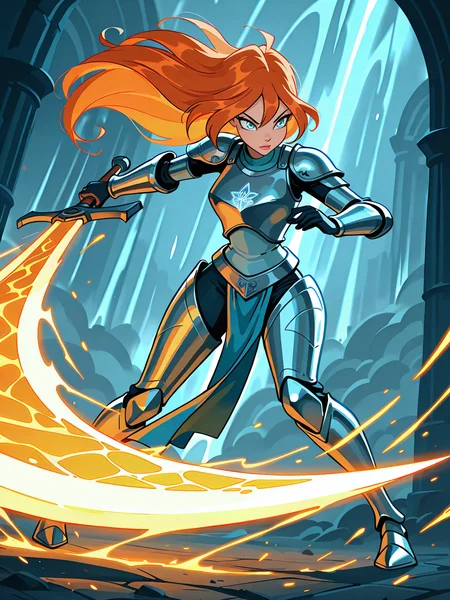 <lora:winxBloomIL:0.7> bl_oom, 1girl, ginger hair, blue eyes,
gigantic sword, steel armor,glowing liens, action, full body, glowing background