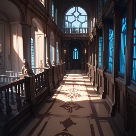score_9, score_8_up, score_7_up, score_6_up, jedi temple, star wars, scenery, stairs, window, no humans, shadow, night, railing, indoors, hallway, statues, table, archive, archives