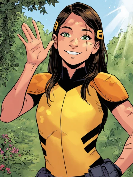 (masterpiece,best quality,newest,absurdres,highres), G4bbyK1nn3y, 1girl, solo, long hair, brown hair, hair ornament, green eyes, scar, yellow bodysuit, shoulder armor, outdoor, smile, upper body, raise left arm, day, outdoor, garden, waving, looking at viewer, sunlight, shadows, natural lighting, sunlight, light particles, light rays, sunbeam, dappled sunlight  <lora:Gabby_Kinney_IllustriousXL:0.8>