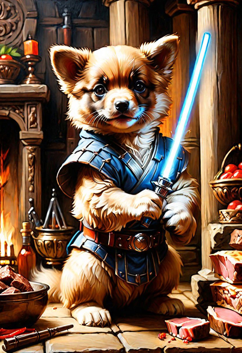 puppy wolverine Obi-Wan, grilling beef on light saber, 
Oil Painting, 
(Renaissance Paintings, Renaissance style, beautiful, painterly, detailed, textural, artistic),  (((intricate details, highly detailed, ultra-detailed, absurdres))), (unreal engine, octane rendering, Anti-Aliasing, sharp focus, natural lighting, high saturation, high contrast, vivid, vibrant, studio lighting, best texture quality), beautiful detailed scenery,
Style-Renaissance