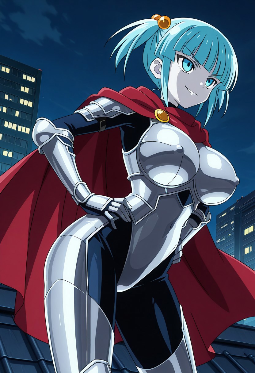 finetuneanime,anime screencap, official art, detailed anime, ultra detailed anime art, anime screencap, screencap, score 9, score 8 up, score 7 up, masterpiece, anime coloring, source anime, 
BREAK
MicroBlueHumanoid, 1girl, solo, twintails, hair bobbles, short hair, blunt bangs, blue hair, sidelocks, blue eyes, silver body armor, bodysuit armor, colored skin, blue skin,  red cape, hair ornament, pale skin, perfect female body, huge breast, curvy, wide hips, (covered nipples:0.8), silver thigh-high armored boots, high heels,
BREAK
cowboy shot, standing, hands on hips, smirk, seductive look, rooftop, city at distance, night, detailed background, Stable_Yogis_PDXL_Positives,
