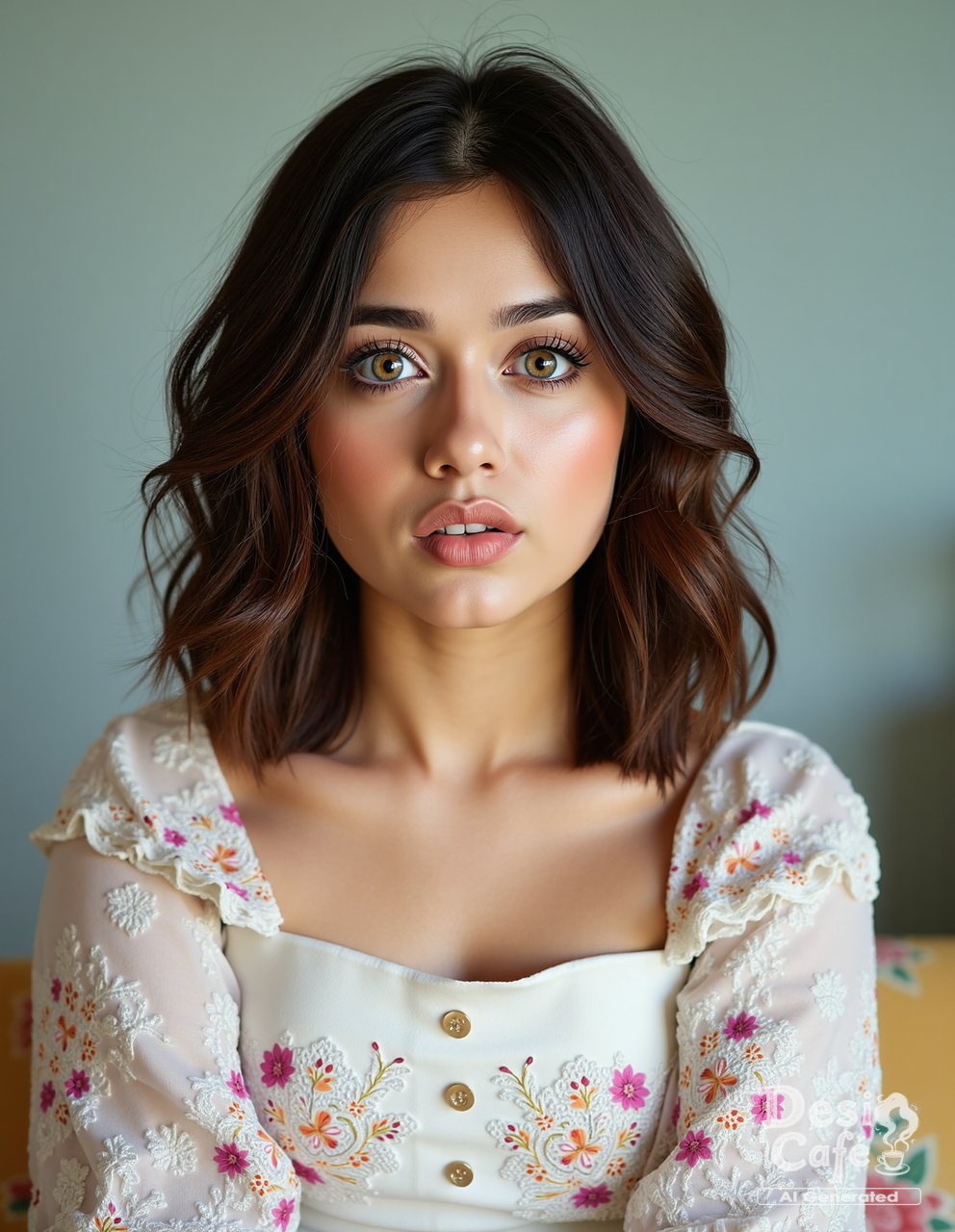 headshot photo of j4nn4t zub41r woman, hyper realistic photo that is safe for work, expression of wonderment with wide eyes, studio quality image with natural colors, well dressed wearing intricate long sleeved White floral summer dress, hair styled as  90s blowout,muted pastel shaded multicolored background that contrasts with the person, cinematic lighting,âââââ    <lora:j4nn4t_zub41r_Jannat_Zubair_Flux_Kohya_V1:1>âââ