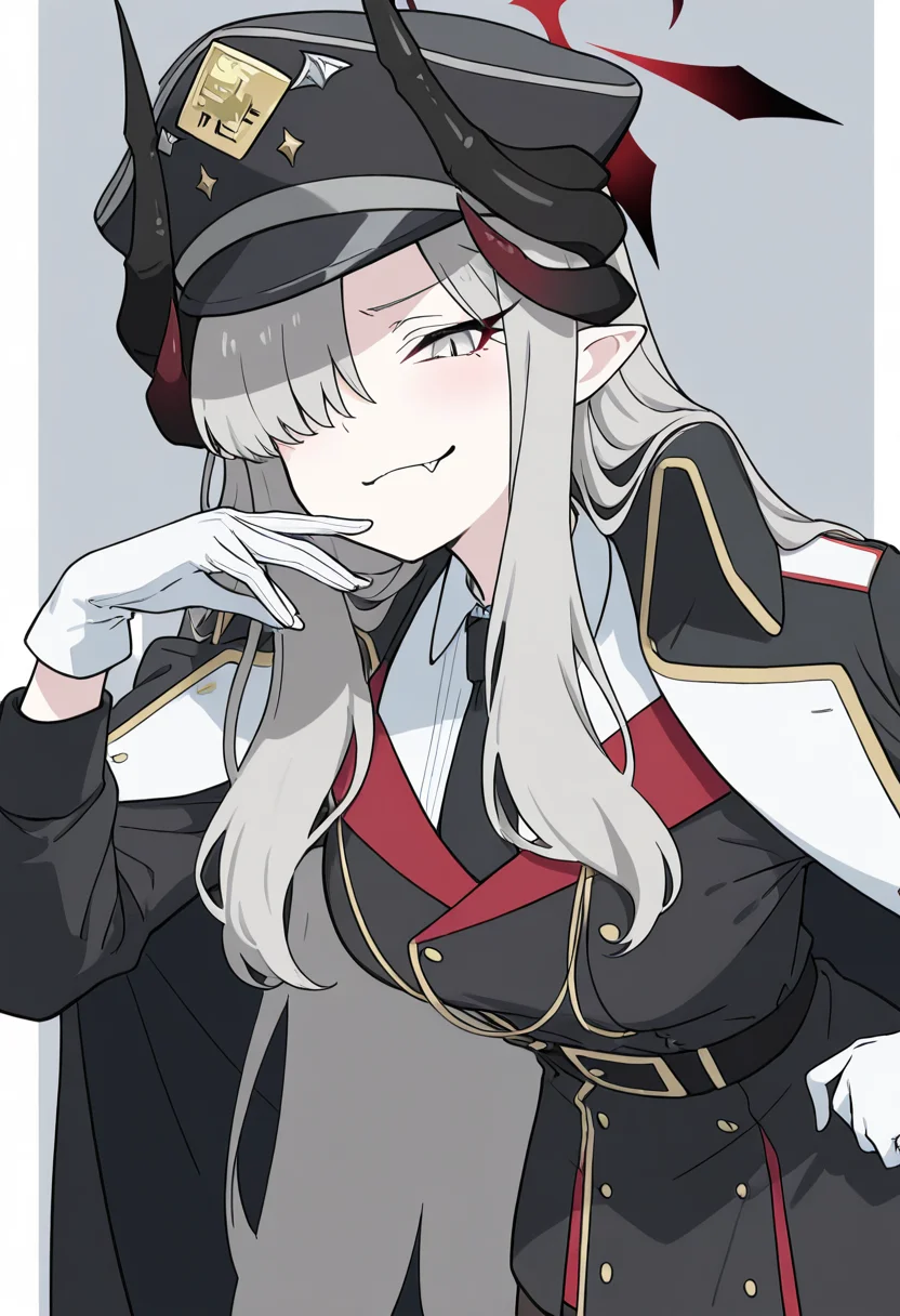 masterpiece, best quality, 1girl, solo, eyelashes, (beautiful eyes), zzMakoto, horns, long hair, grey hair, demon horns, black horns, halo, multiple horns, pointy ears, grey eyes, black coat, black headwear, black necktie, coat on shoulders, collared shirt, long sleeves, military uniform, white gloves, white shirt, black jacket, leaning forward, smug, close up, portrait, fang, <lora:HanumaMakotoBlueArchive_IXL_v1:1.0>,