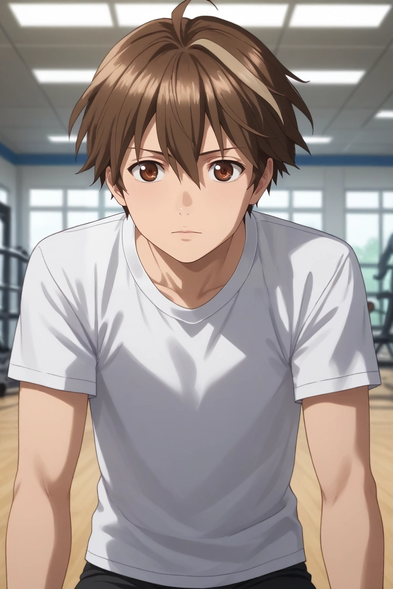 score_9, score_8_up, score_7_up, source_anime, rating_safe, , (photorealistic:0.6), , depth of field, 1boy, solo, male focus, <lora:shuu_ouma_pony:0.88>, shuu_ouma, brown hair, brown eyes, short hair, ahoge, hair between eyes, straight-on, gym, dark, stretching, :D, , <lora:sdxl_lightning_8step_lora:1>