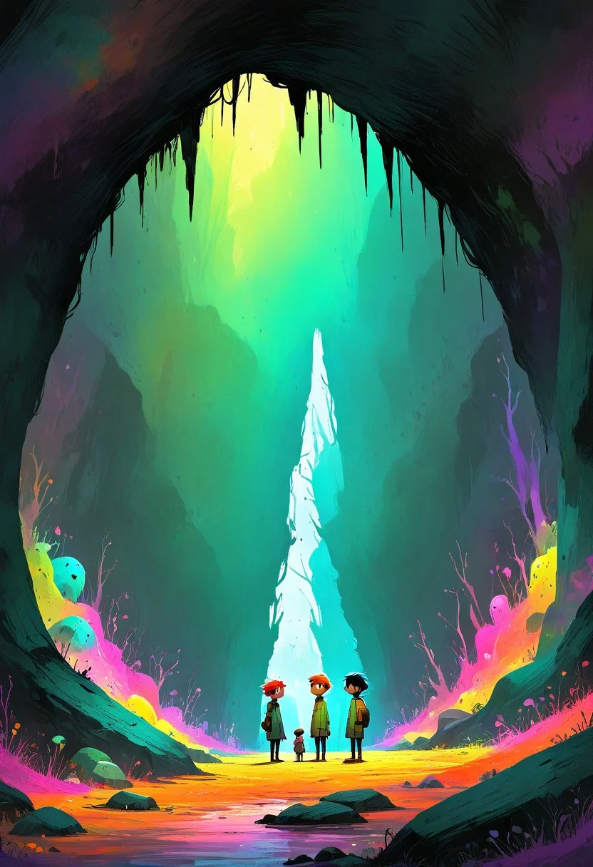 WackyScratchDaal In a deep dark forest only habited by colorful firwflies, two friends stand on each side of a dark and creepy cave enteance, looking into that cave entrance. Down deep into the cave ther is a glowing magical rainbow visible