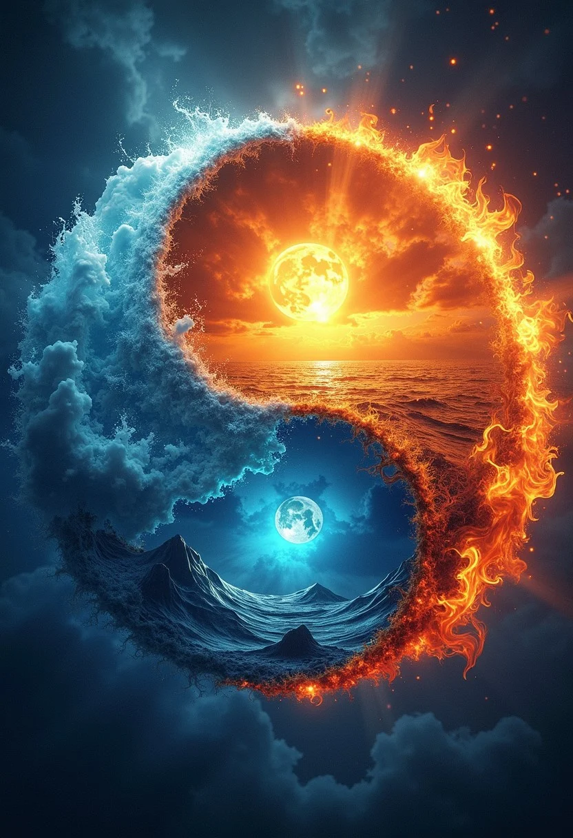 wallpaper art, yin and yang symbol, filled with scenes and examples of the 4 elements, earth, water, fire, air, vivid colors, positive emotionalfilled