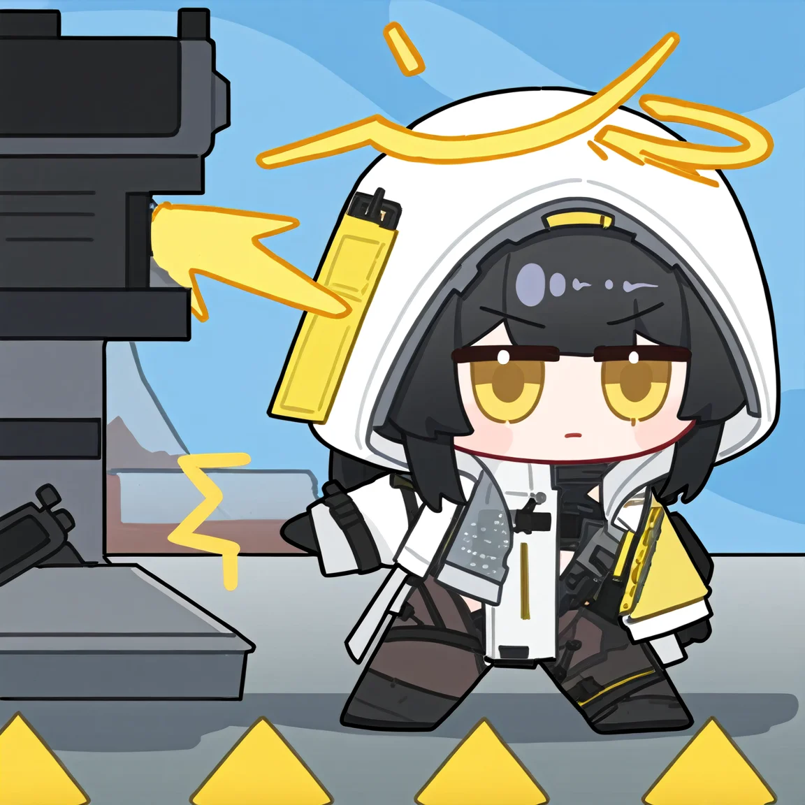 chibi, snowbreakmeme, snowbreak_chibi,solo , 1girl , gun, halo , hood, standing, black hair, long sleeves, closed mouth , \n<lora:snowbreakmeme_noobai_v1.0-000030:1>,