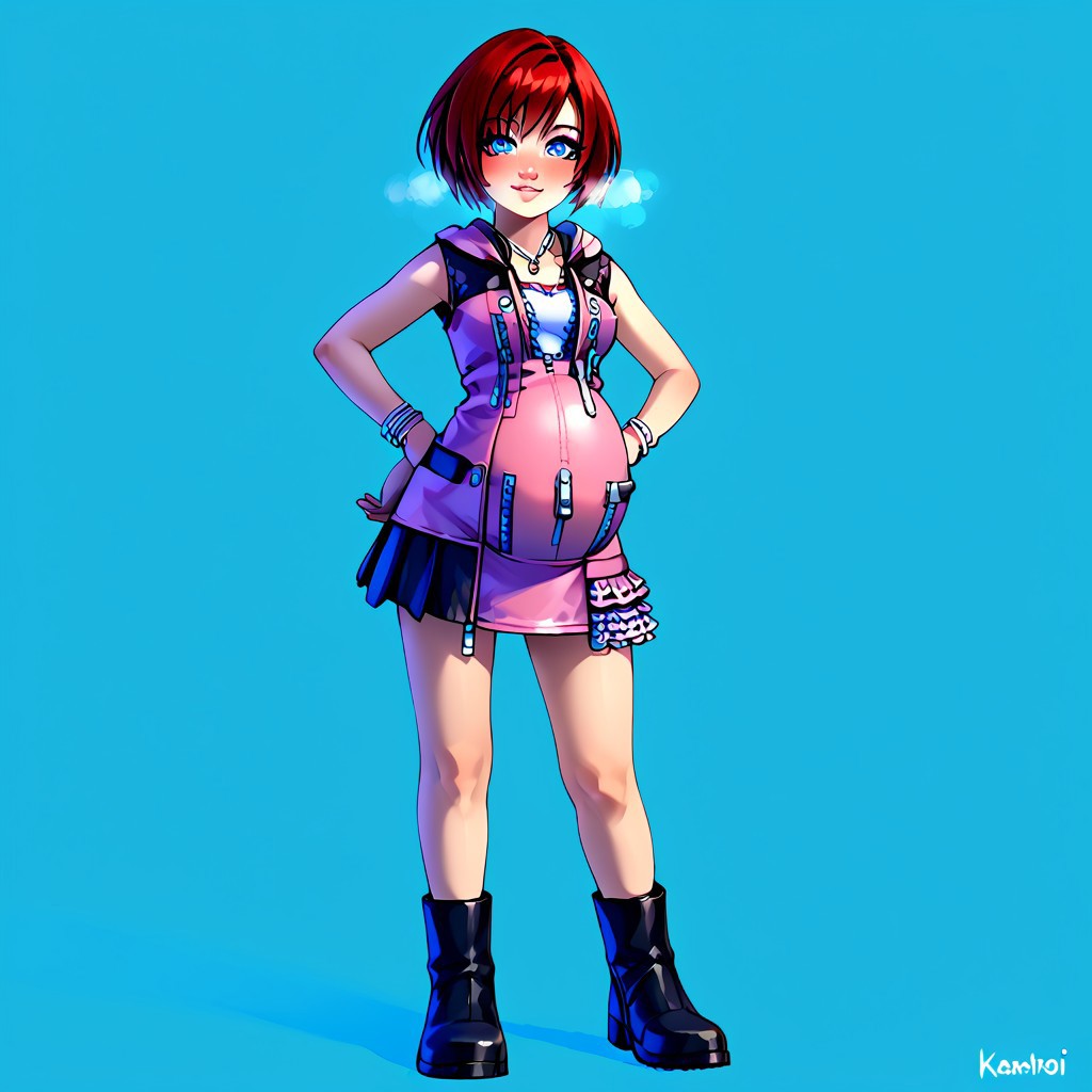score_9, score_8_up, source_anime, highly detailed, 1girl, solo, kairi, 1girl, solo, blue eyes, zipper, jewelry, boots, dress, necklace, short hair, red hair, pink dress, zipper pull tab, pleated dress, short dress, pregnant, hyper_preg, exhausted, heavy breathing, blushing, hands on hip, looking at viewer, facing forward,