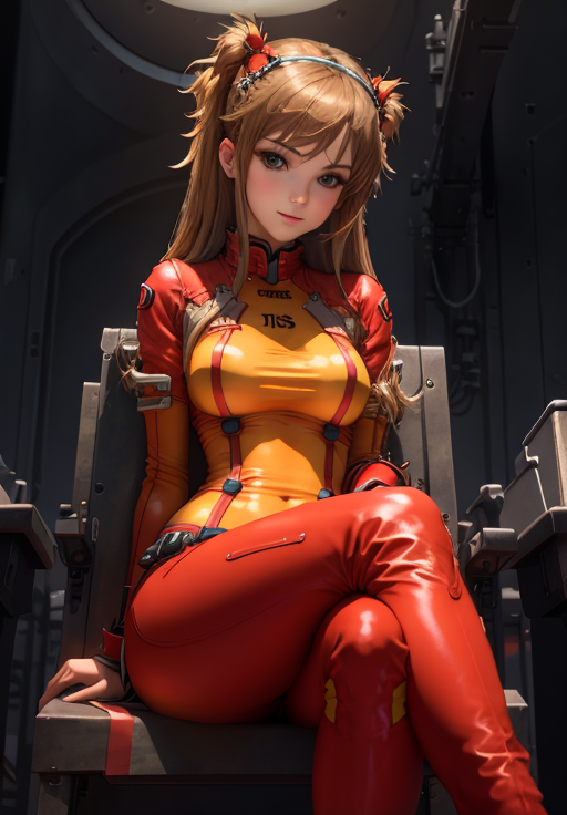 <lora:Asuka-Langley:0.8>, alstps, 1girl, solo, smirk, sitting, crossed legs, (acclaimed, alluring, captivating, exciting, gorgeous, striking:1.3)