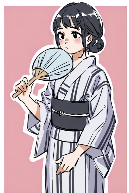 <lora:Sktchst_IL:1> sktchst, 1girl, solo, japanese clothes, hand fan, kimono, black hair, holding fan, hair bun, single hair bun, blush, yukata, holding, paper fan, outline, pink background, sash, black eyes, bangs, simple background, uchiwa, obi, white outline
