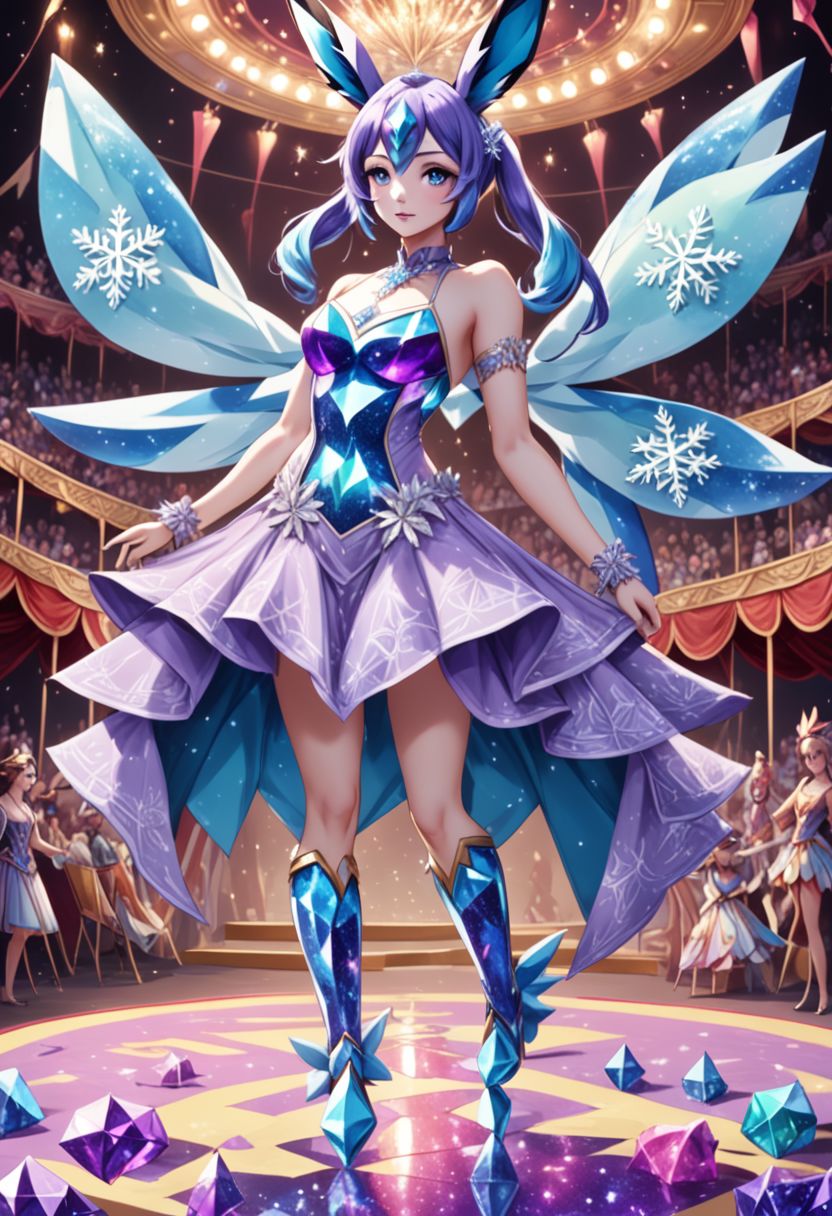 (human)A confident young woman with long, flowing blue hair styled in adorable pigtails takes center stage as the ringmaster of a fantastical circus. (Dressed in a one-of-a-kind Glaceon-inspired performance ensemble, she dons a pastel purple jacket with intricate snowflake designs, complemented by a dark blue undershirt embellished with golden patterns). Her outfit is completed with stylish blue gauntlets and vibrant black boots, all reflecting a prism-like quality that enhances the vibrant colors and whimsical charm of her appearance. Captured in a captivating full-body shot, her toon figure brings the magical scene to life with a touch of whimsy and enchantment., Glaceon,