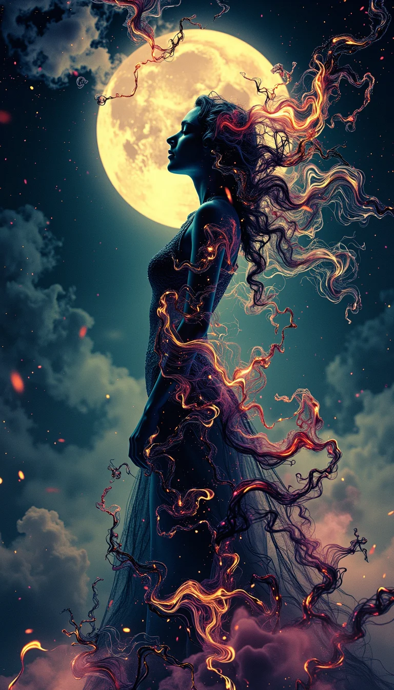 Astrology Oracle Silhouette: Create a mystical silhouette incorporating zodiac elements. The woman's form should be adorned with astrological symbols, with her dress flowing into a star chart. Her hair could be a swirl of zodiac constellations. Within the silhouette, include subtle images of planetary bodies and astrological houses. The background should be a deep night sky with a prominent moon phase. Add tarot card imagery or mystical runes floating around her to enhance the divinatory atmosphere.