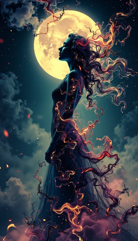 Astrology Oracle Silhouette: Create a mystical silhouette incorporating zodiac elements. The woman's form should be adorned with astrological symbols, with her dress flowing into a star chart. Her hair could be a swirl of zodiac constellations. Within the silhouette, include subtle images of planetary bodies and astrological houses. The background should be a deep night sky with a prominent moon phase. Add tarot card imagery or mystical runes floating around her to enhance the divinatory atmosphere.