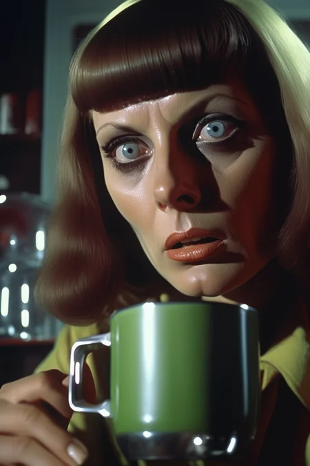<lora:Director Rainer Werner Fassbinder style:1>Director Rainer Werner Fassbinder style - close up of woman pouring poison on a mug, defiant look, eyes gazing the cup, unrealistic, villain, Cold War space race retro style, light daylight, hyper realistic, cinematic, 1970s movie concept photography, 35mm, natural colors, dark shadows, dark comedy vibe, space retrofuture, directed
