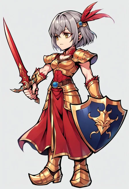 score_9,score_8_up,score_7_up,score_6_up, lu lingqi, short hair, grey hair, armor, head armor, feathers, brown eyes, sword, shield, holding sword, holding shield, operaomniastyle, full body, white background, zPDXL3,