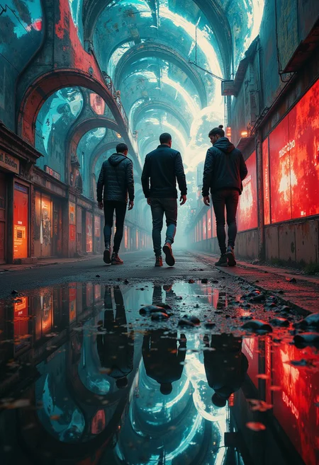 Create photographs that blend surreal artificiality with the vibrant, raw humanity of urban life, where calculated structure meets spontaneous chaos. Capture controlled studio portraits juxtaposed against the layered textures of bustling streets, allowing stiff poses to merge with candid gestures. Use harsh, direct lighting to cast sharp contrasts on natural gestures, while incorporating soft, diffused ambient city light to add a tactile, film-like quality with subtle grain.
Focus on close-up and full-body shots of isolated figures, such as performers frozen mid-action, their forms framed against dynamic backdrops of stark, minimalist walls interwoven with fractal-like reflections in puddles and glass. Play with depth of field to isolate the subject while allowing controlled, repeating patterns to spiral outward in urban textures. Clashing color palettes collide with harmonious hues, blending neon city lights with muted, studio tones. The result is a fragmented narrative where chaos and order coexist, immersing the viewer in a surreal yet emotionally resonant exploration of fractal design within both natural and controlled environments