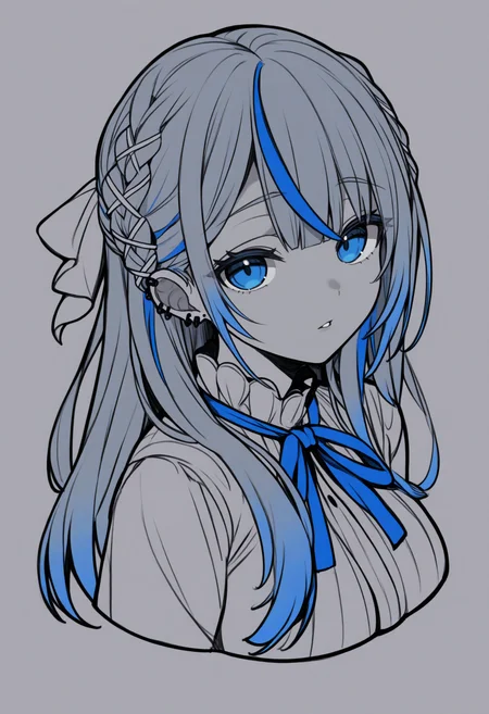 masterpiece, best quality, 1girl, solo, Am4gaiRuka, blue eyes, multicolored hair, grey hair, blue hair, long hair, braid, ribbon braid, ear piercing, greyscale, spot color, monochrome, lineart, sketch, graphite \(medium\), traditional media, cropped torso, three quarter view, parted lips, looking at viewer, <lora:ChamAmagaiRukaNoob:1>