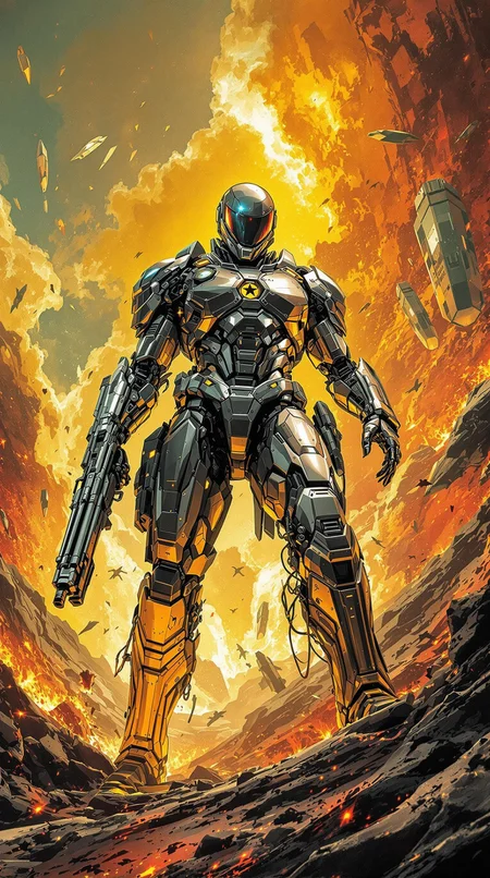 In a dystopian cyberpunk future, a mesmerizing propaganda poster beckons viewers to enlist in the military. Combining the gritty art style of Frank Frazetta with the futuristic flair of Moebius, the image features a cybernetically enhanced soldier, clad in sleek, reflective armor and wielding cutting-edge weapons. The intricate detailing, vivid colors, and dynamic composition elevate this digital painting to a level of unparalleled artistry, capturing the essence of a war-torn, technologically advanced world with stunning precision., cyberpunk art, auto-destructive art, soldiers and mech fight, berserk art style, image comics, metal gear movie still