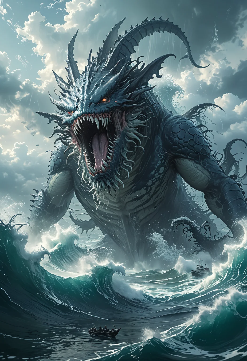 Book Cover: "Pacific Ocean Monsters"Featuring an illustration of terrifying sea monsters and towering waves, creating a tense atmosphere amidst the vast ocean.(Anime,cartoon,light effect,lighting is smooth,in 3d animattion).Sub Oceanum  <lora:add-detail-xl:1> <lora:MJ52:0.5> <lora:[XL]å·¨å½æ»å:0.6> giant monster