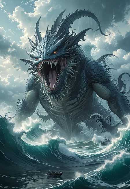 Book Cover: "Pacific Ocean Monsters"Featuring an illustration of terrifying sea monsters and towering waves, creating a tense atmosphere amidst the vast ocean.(Anime,cartoon,light effect,lighting is smooth,in 3d animattion).Sub Oceanum  <lora:add-detail-xl:1> <lora:MJ52:0.5> <lora:[XL]å·¨å½æ»å:0.6> giant monster