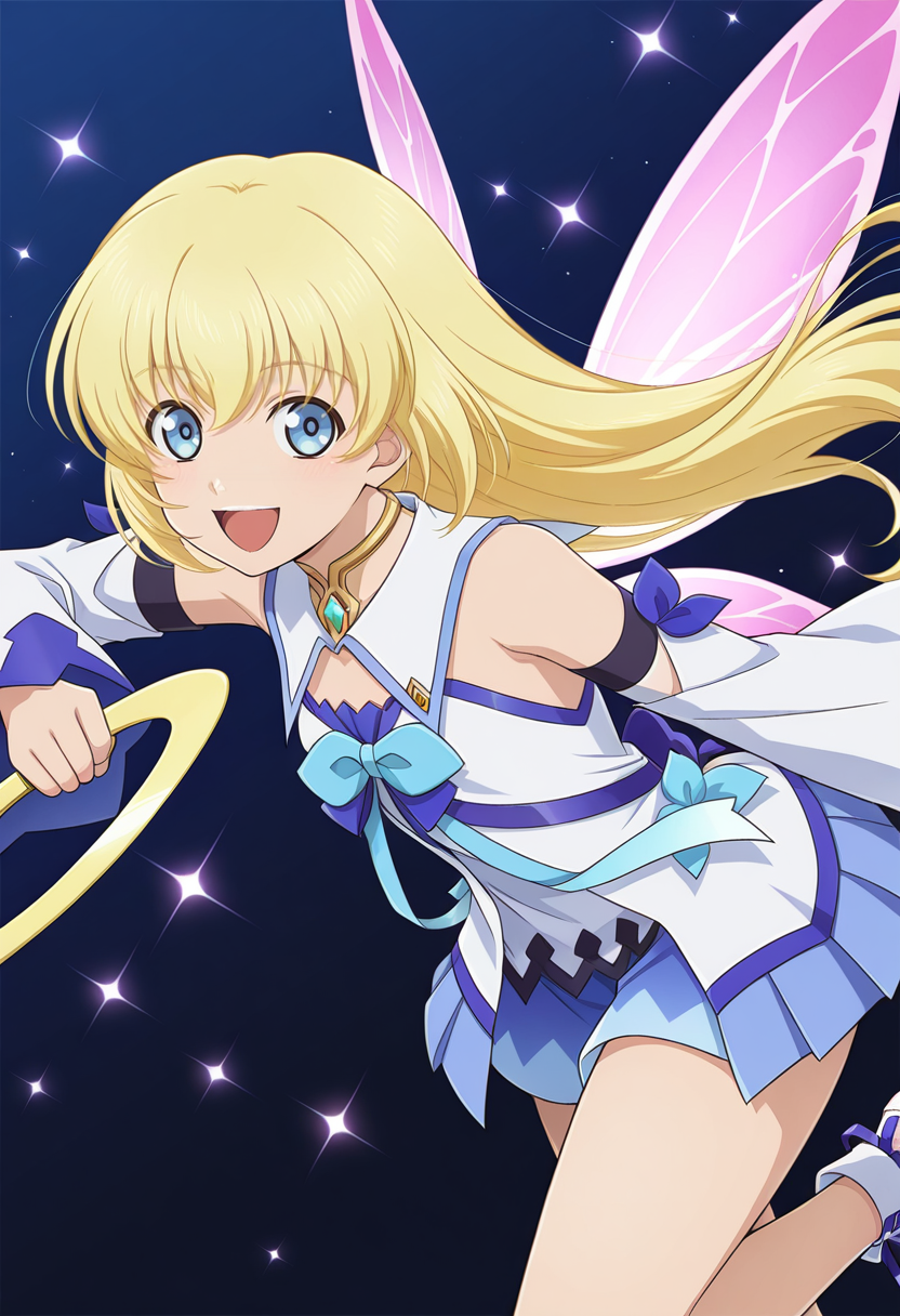 gradient background, dark blue background, particle effects, 
BREAK,
open smile, holding chakram, action pose, dynamic pose, yelow chakram,
cowboy shot, dynamic angle,
BREAK,
<lora:coletteX2_illustriousXL_v07:0.9>
fairy wings, pantyhose, wings, transparent wings, pink wings, 
coletteast, blonde hair, blue eyes, long hair, hair between eyes, 
white dress, blue skirt, bare shoulders, detached sleeves, ribbon, wide sleeves, detached collar, short dress,
footwear ribbon, white footwear, bare legs,, source_anime, very aesthetic, anime coloring, masterpiece, 
best quality, amazing quality, ultra detailed, very aesthetic, 
detailed background, 
BREAK,