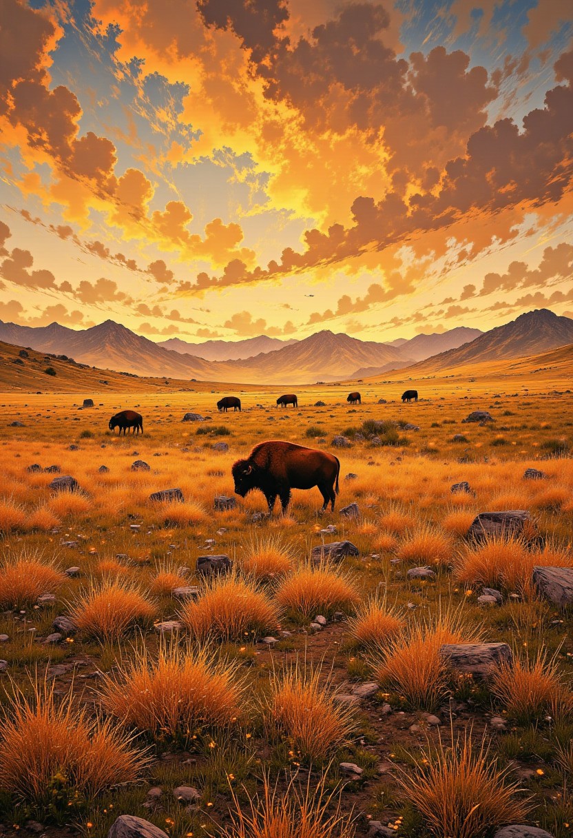 Wyoming Open Prairie – Wild Grasses & Dramatic Skies
"A sweeping Wyoming prairie, where golden grasses stretch toward the horizon beneath a vast, open sky. The sun casts its final warm light over the land, painting the sky in hues of tangerine and pink. A few scattered bison graze in the distance, blending seamlessly into the endless fields of gold."