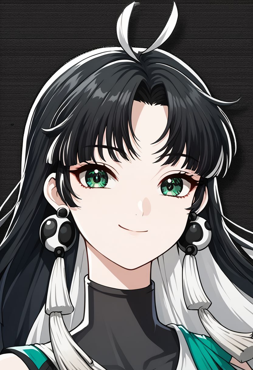 wuthering waves style, solo, black hair, 1girl, jewelry, earrings, smile, white background, multicolored hair, looking at viewer, portrait, white hair, simple background, long hair, two-tone hair, closed mouth, tassel, parted bangs, tassel earrings, green eyes,  
 zPDXL2
