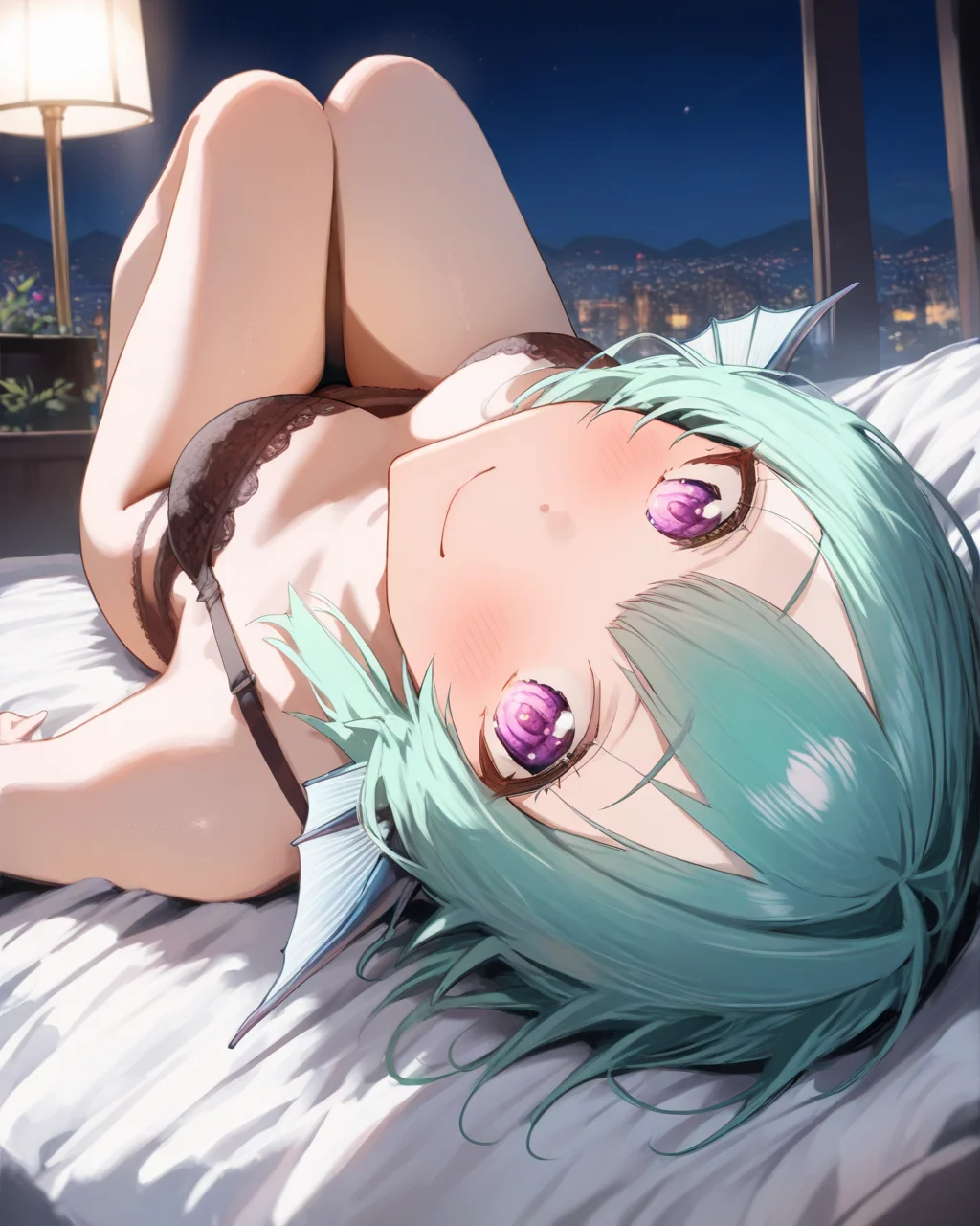 1girl, FinanaRyuguNijisanji,
sensitive, solo,
dating, looking at viewer, smile,
short hair, purple_eyes,
on back,
lace-trimmed bra, lace-trimmed panties,
night, on bed,
<lora:kp_FinanaRyuguNijisanjiAnimagineXL_v1_1:1.0>,
masterpiece, high score, great score, absurdres