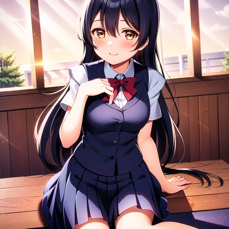 1girl, solo,(best quality),(masterpiece:1.1),blue (school uniform:1.4),dress, looking_at_viewer, neck_ribbon, smile, black eyes , studio background, cute, clear facial skin