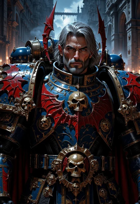 Highly detailed and realistic fantasy character in a dramatic shot. Epic cinematic depiction of a very old Paladin in full NightL40K power armor. He is bearded and his hair is going grey.  <lora:FluxNightL40K:1>  <lora:FluxMythP0rtr4itStyle:0.5>  <lora:sxz-Dark-Fantasy-v2-Flux:0.5>  <lora:flux_realism_lora:0.8>