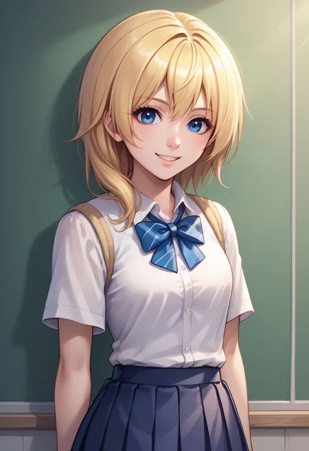 score_9, score_8_up, source_anime, highly detailed, 1girl,
namine, 1girl, solo, blonde hair, blue eyes, smile, upper body, school uniform, skirt, standing,