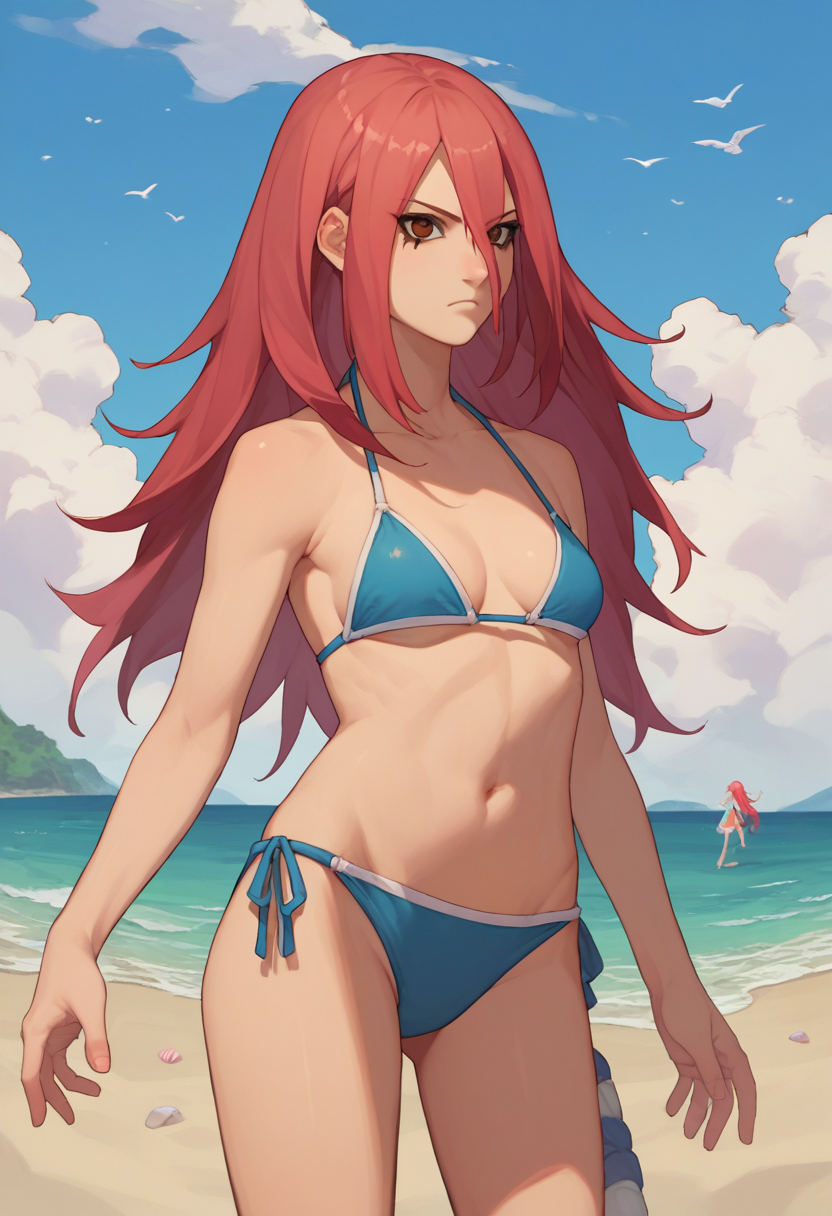 score_9, score_8_up, score_7_up, source_anime,  <lora:Tayuya-000012:1> tayuya, red hair, long hair, brown eyes,  bikini, beach,