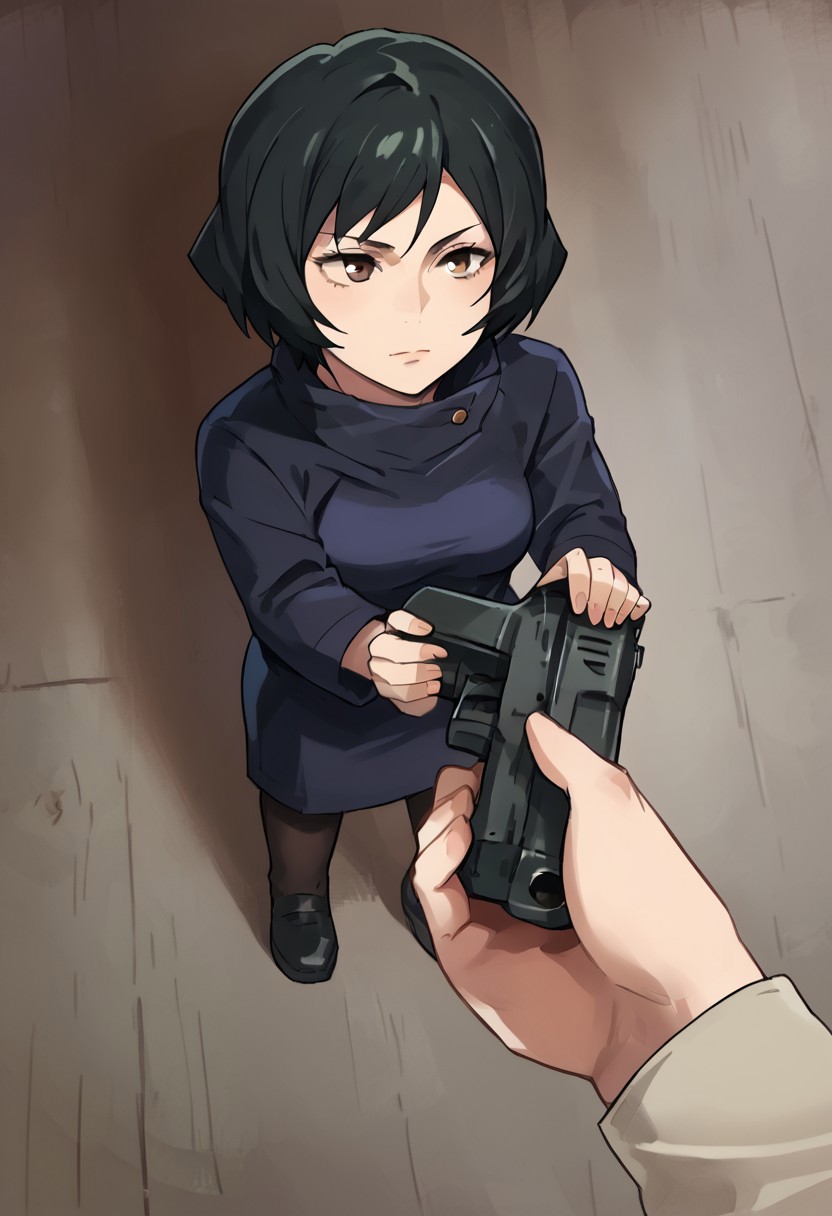 Score_9_up, source_8_up score_7_up, source_realistic BREAK  mai, solo, 1girl, short hair, black hair,dark brown eyes, Go do a crime, holding gun,