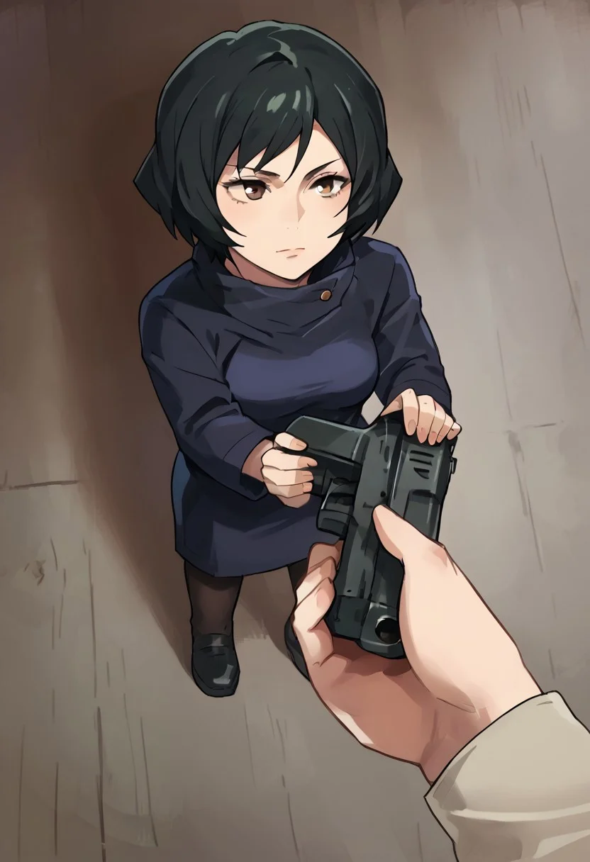 Score_9_up, source_8_up score_7_up, source_realistic BREAK mai, solo, 1girl, short hair, black hair,dark brown eyes, Go do a crime, holding gun,