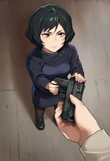 Score_9_up, source_8_up score_7_up, source_realistic BREAK mai, solo, 1girl, short hair, black hair,dark brown eyes, Go do a crime, holding gun,