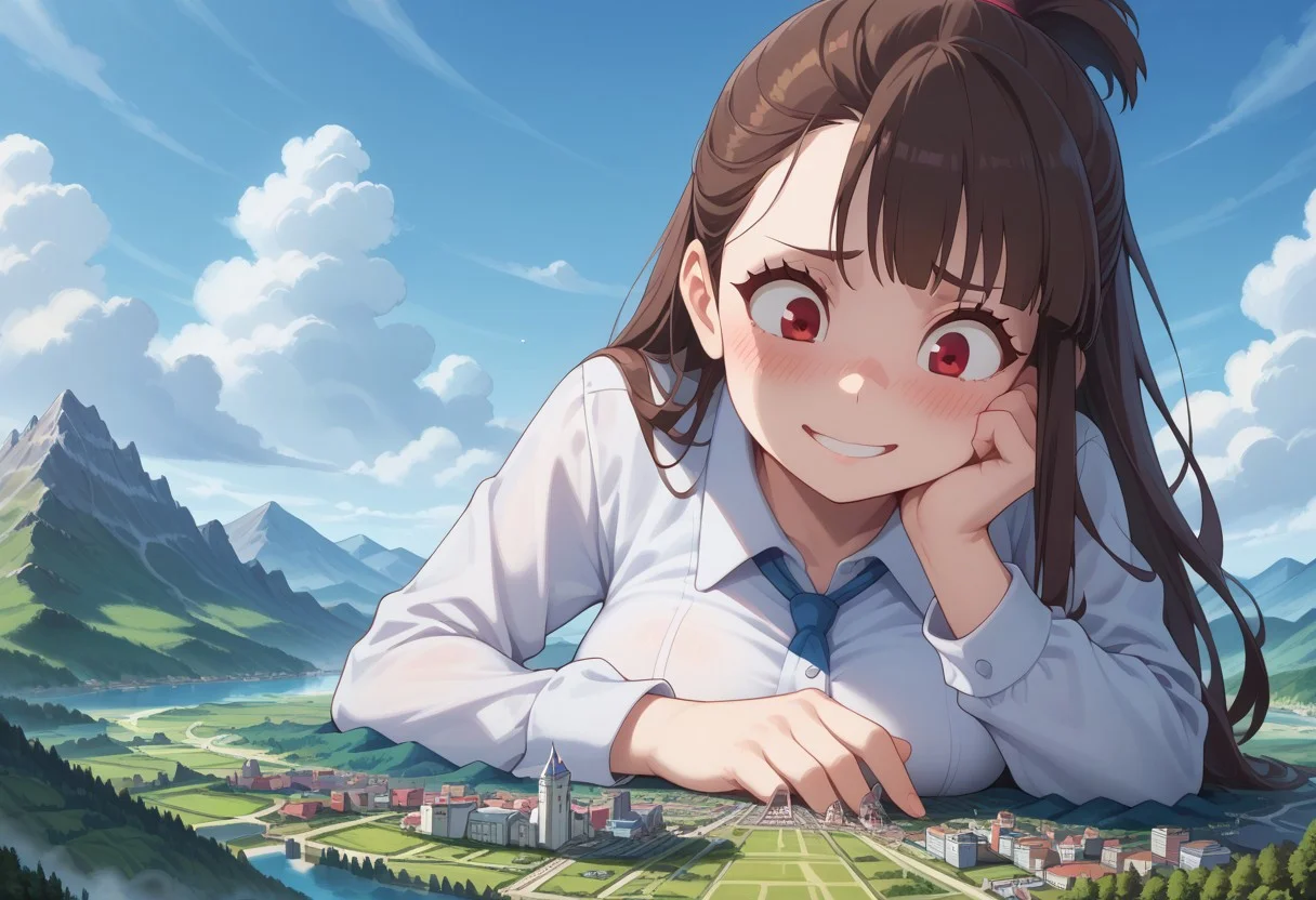 score_9, score_8_up, score_8, low angle, full body, 
akko, 1girl, solo, red eyes, brown hair, long hair, bangs, white shirt, collared shirt, huge breasts, grabbing a mountain, hand focus, 
embarrassed smile, blushing, steamy breath, 
detailed face, looking down, from below, side angle, laying on her stomach, poking the ground, 
detailed face, giga giantess, macro, angelic, flawless, high resolution, above the city, (shrunken city :1.4), (shrunken cityscape:1.3), micro cityscape, clouds on background, solo,  ((landscape)), 
BREAK, Small city, micro city, low horizon line, mountains, lakes, white clouds, tiny castle,