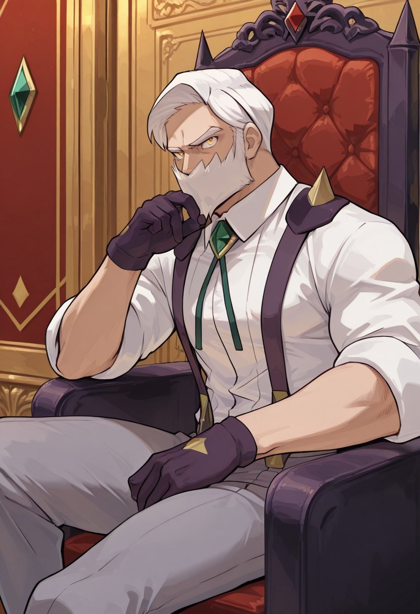 masterpiece, best quality, newest, extreme detail description, amazing quality, 1boy, solo, dr4yd3n_pkmn, mature male, muscular male, white hair, facial hair, yellow eyes, white shirt, suspenders, spikes, gem, purple gloves, gray pants, purple footwear, sitting on throne, black throne, resting elbow, hand on own chin, from side, throne room, looking at viewer
