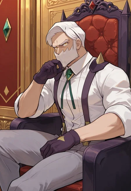 masterpiece, best quality, newest, extreme detail description, amazing quality, 1boy, solo, dr4yd3n_pkmn, mature male, muscular male, white hair, facial hair, yellow eyes, white shirt, suspenders, spikes, gem, purple gloves, gray pants, purple footwear, sitting on throne, black throne, resting elbow, hand on own chin, from side, throne room, looking at viewer