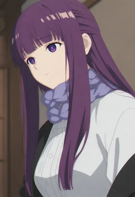 masterpiece, best quality, amazing quality,,, shiny skin,,,,,,, <lora:Fern:1> f3rn, fern (sousou no frieren), long hair, purple hair, blunt bangs, sidelocks, straight hair, purple eyes,, capelet, white capelet,white dress, black coat, purple scarf,