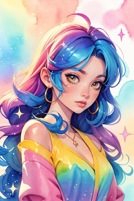 1 girl, solo, ((watercolor texture)), rainbow colorful hair, soft color, illustration anime, waved long hair, bubbles, glitter