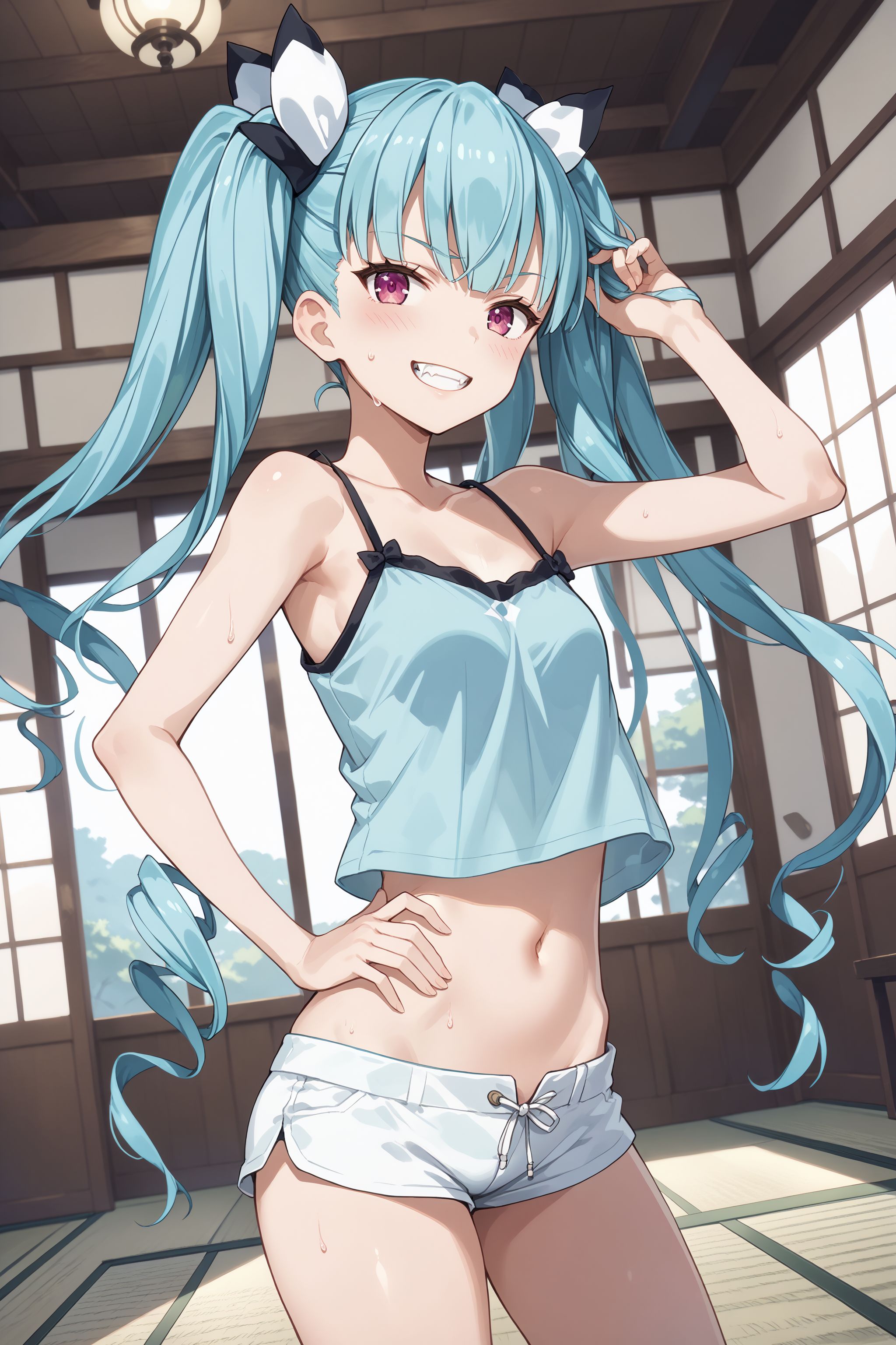 score_max, (score_9, score_8_up, score_7_up:1.2), score_6_up, official art,
masterpiece, absurdres, high detail, 8k,
indoors, engawa, tatami, chest, table, dutch angle,
standing, leaning to the side,  hand on hip, adjusting hair, grin, :d, fang, blush, sweat,
, hibachi, twintails, quad tails, hair bow, camisole, crop top, navel, short shorts,
<lora:XL_Pony_gomaotsu-hibachi-t1:1>