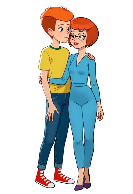score_7, score_8, 2d, cartoon, flat colours, prostokvashino, rimma, fyodor, couple, boy and girl, 
(1girl, girl in blue bodysuit, high heels, short hair, red hair, girl in cateye glasses, purple shoes, )
(1boy, boy in yellow shirt, jeans and red footwear, boy with short orange hair, red sneakers, )
couple posing on white background,